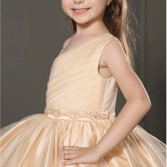 Gold Tiered Embellished One Shoulder Flower Girl Wedding Gown - Picture 3 of 6
